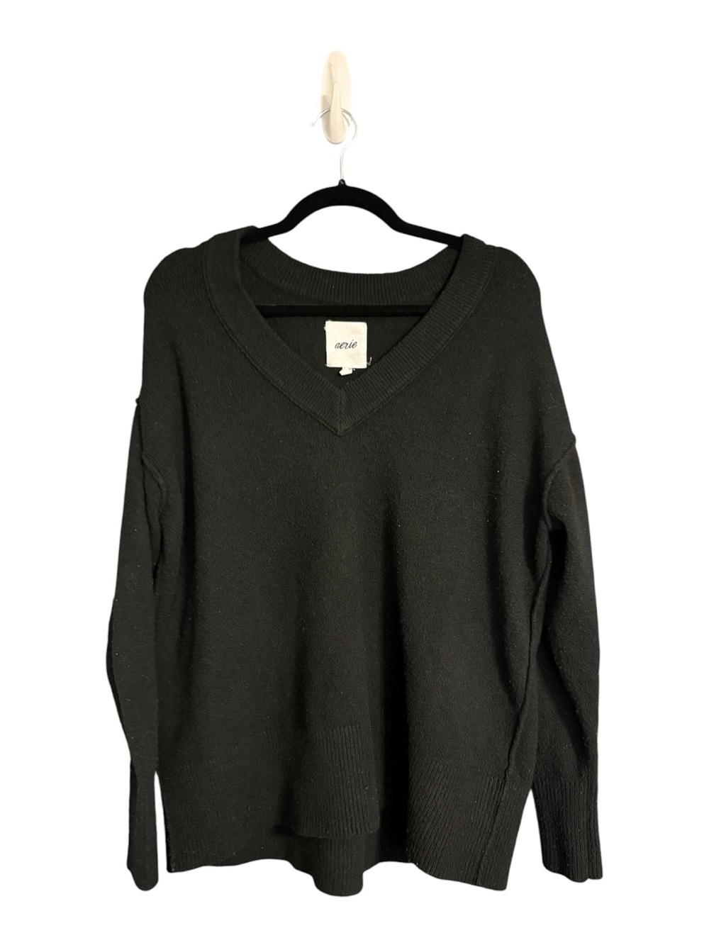 Aerie Women’s XS Black Oversized V-Neck Cozy Knit Sweater Tunic